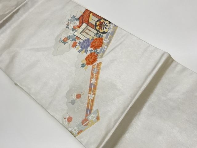 リサイクル　御所車に扇・花々模様織出し名古屋帯